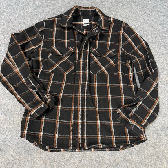 Zara Men’s Relaxed Fit Black/Orange/White Plaid Zipper Jacket Size Medium ￼ - Picture 1 of 8